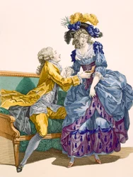 Junge Dame in elektrischer blauer und violetter Robe mit ihrem jungen Verehrer, graviert von Dupin, Platte Nr. 206 aus 